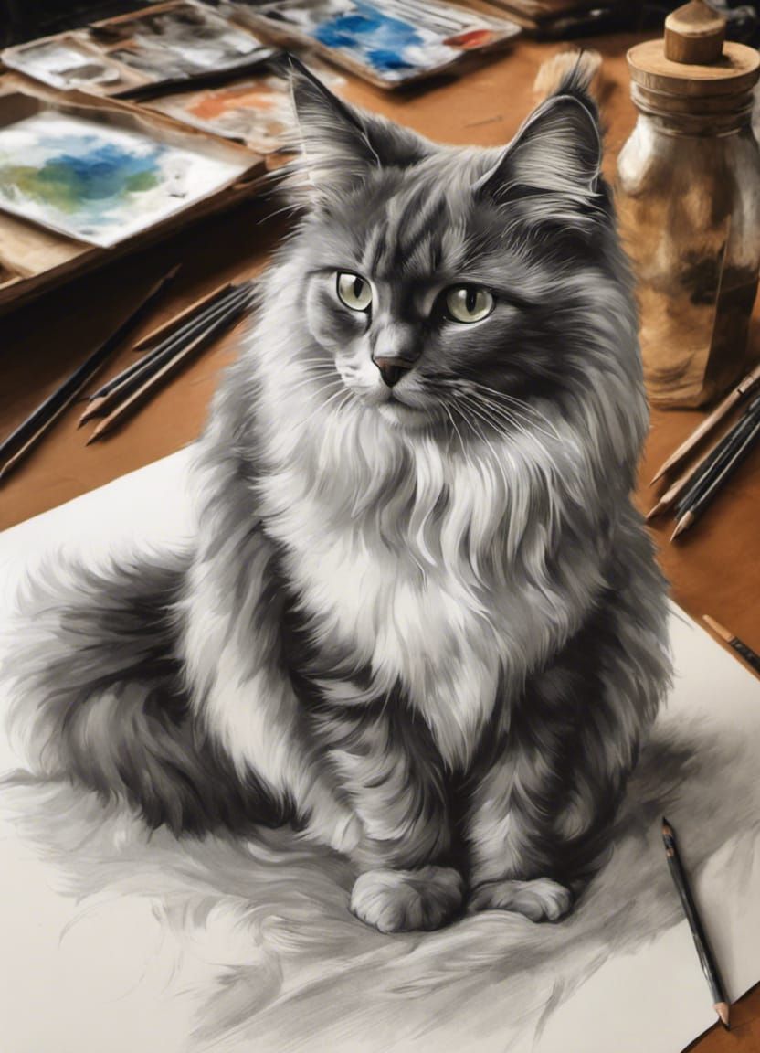 Detailed Pencil Sketch of a Fluffy Cat