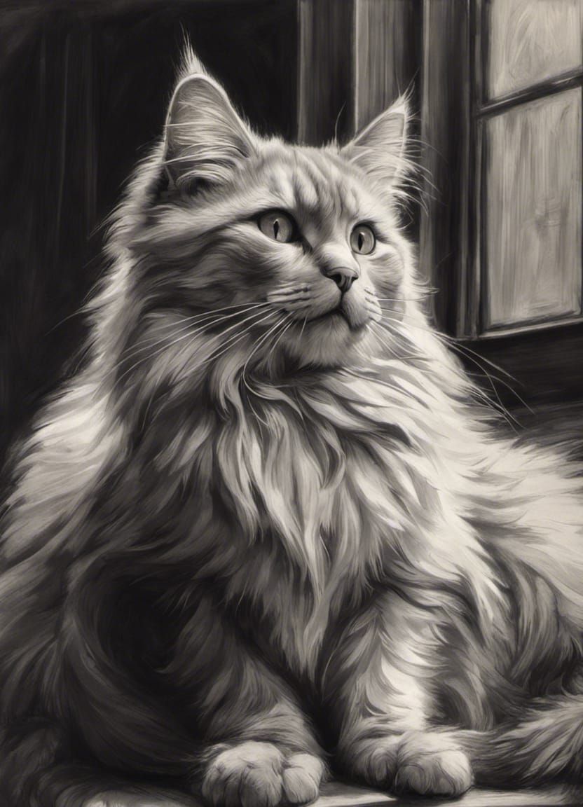Detailed Pencil Sketch of a Fluffy Cat