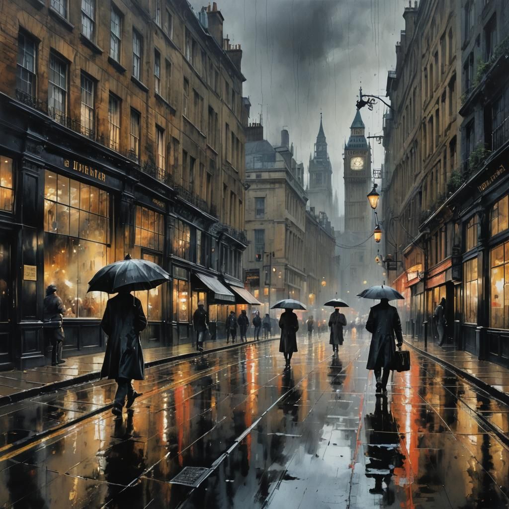 Noir London: Rain-Swept Streets in Gouache Style
