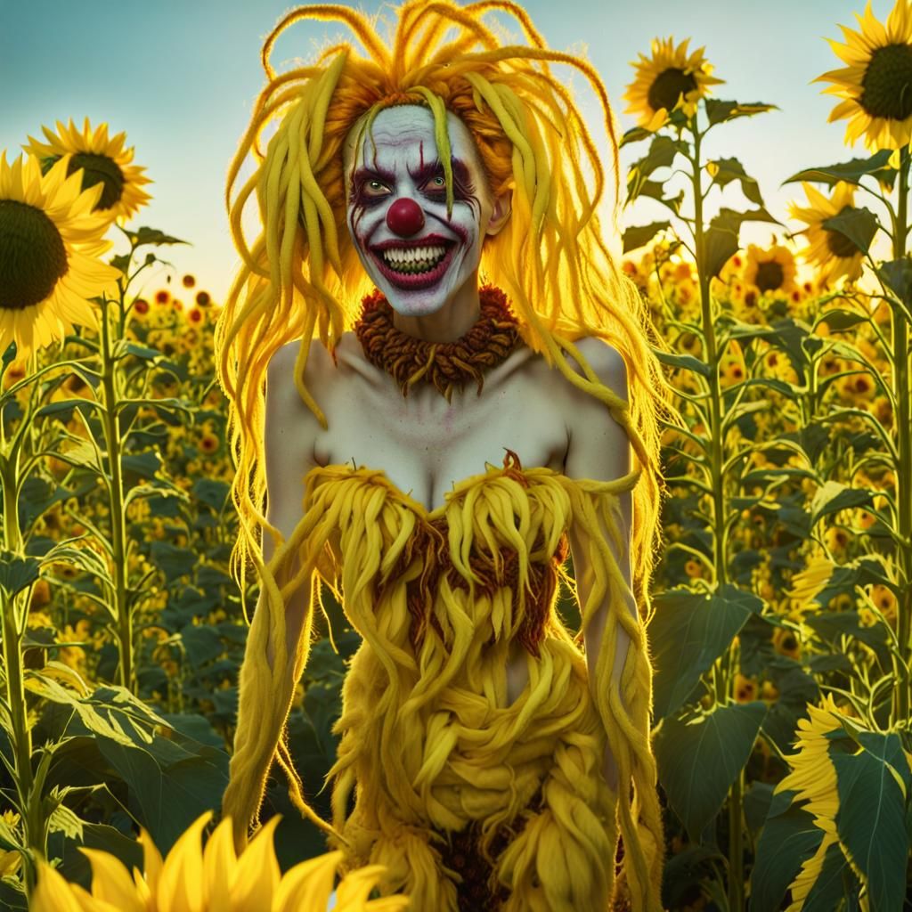 Grotesque Zombie Clown in Sunflower Field: Cinematic Still