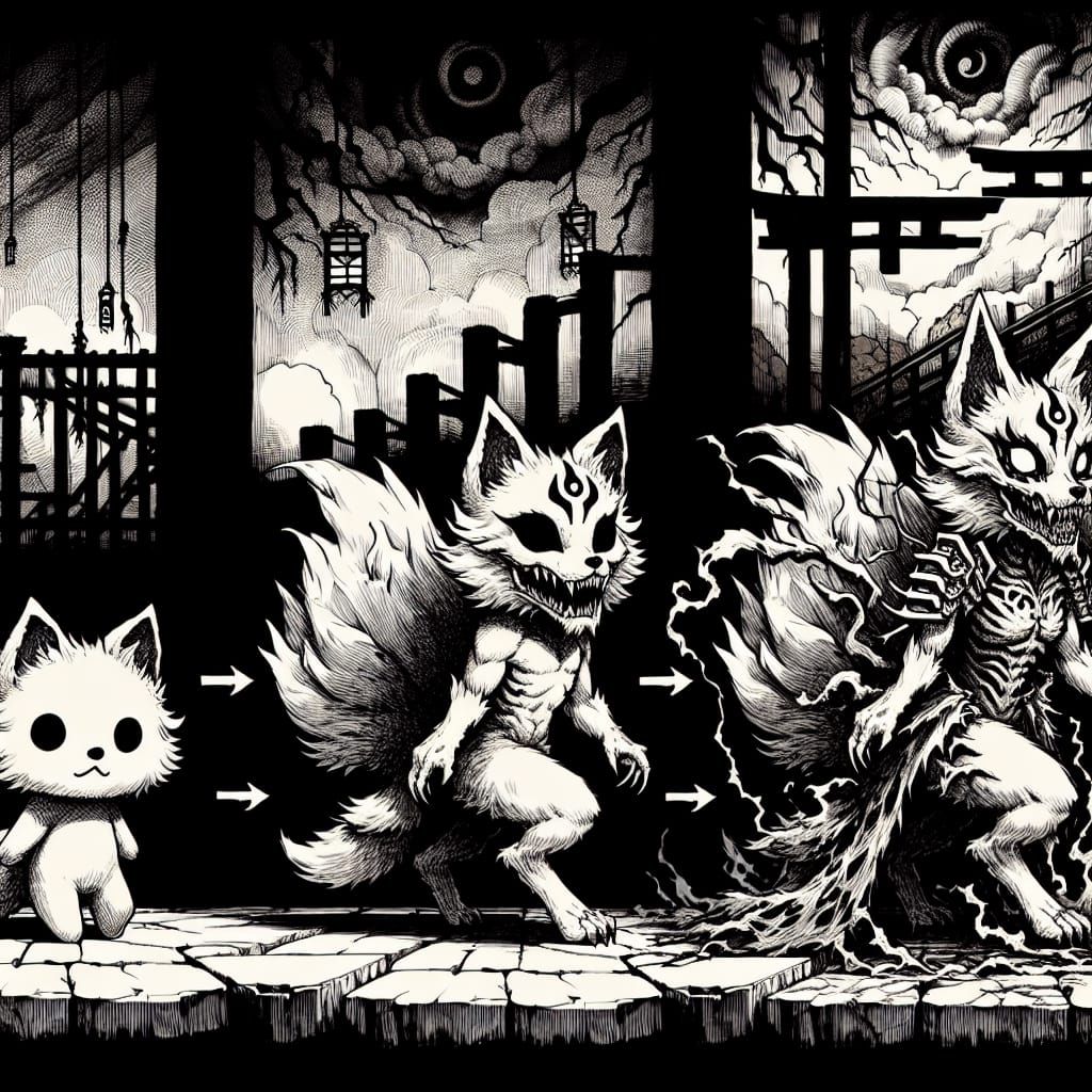 Kitsune Demon Evolution in Ukiyo-e Style