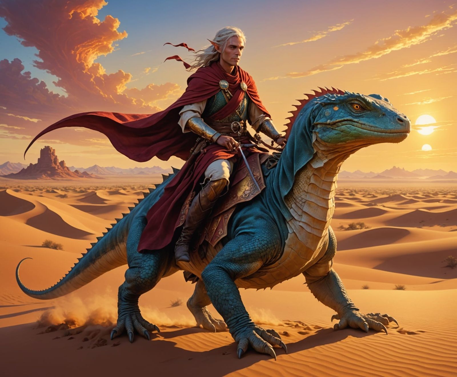Desert elf riding a giant sand lizard, wrapped in flowing ro...