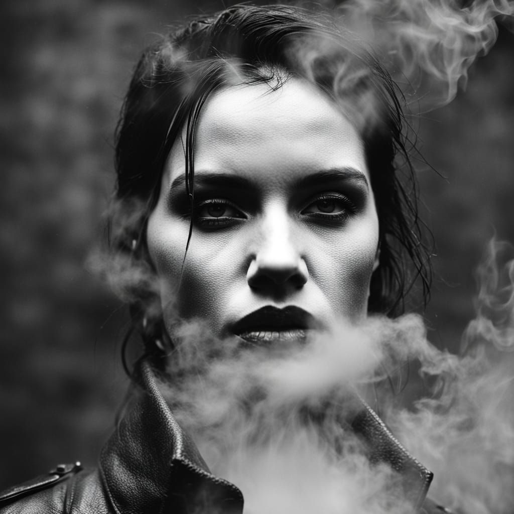 Gothic Model in Smoke: Black and White Portrait