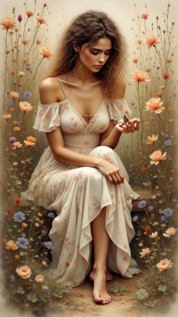 Woman with Butterfly in Antique Watercolor Style