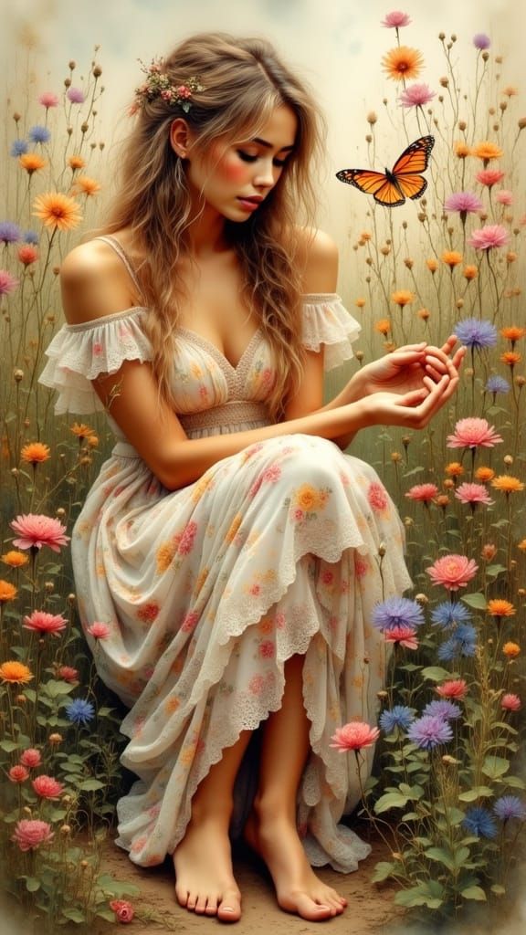 Woman with Butterfly in Antique Watercolor Style