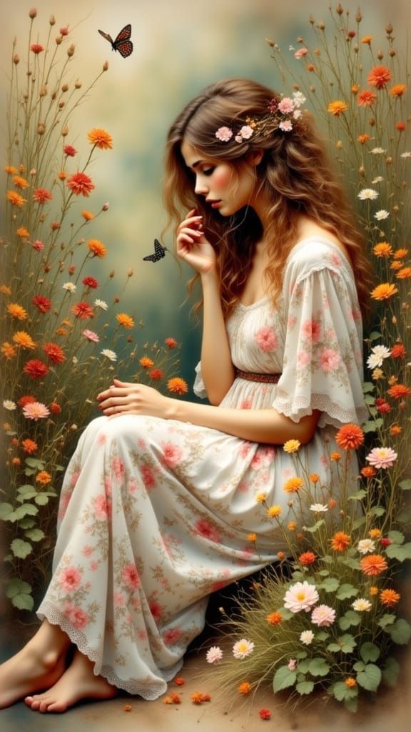 Contemplative Woman in Floral Dress, Impressionist Style