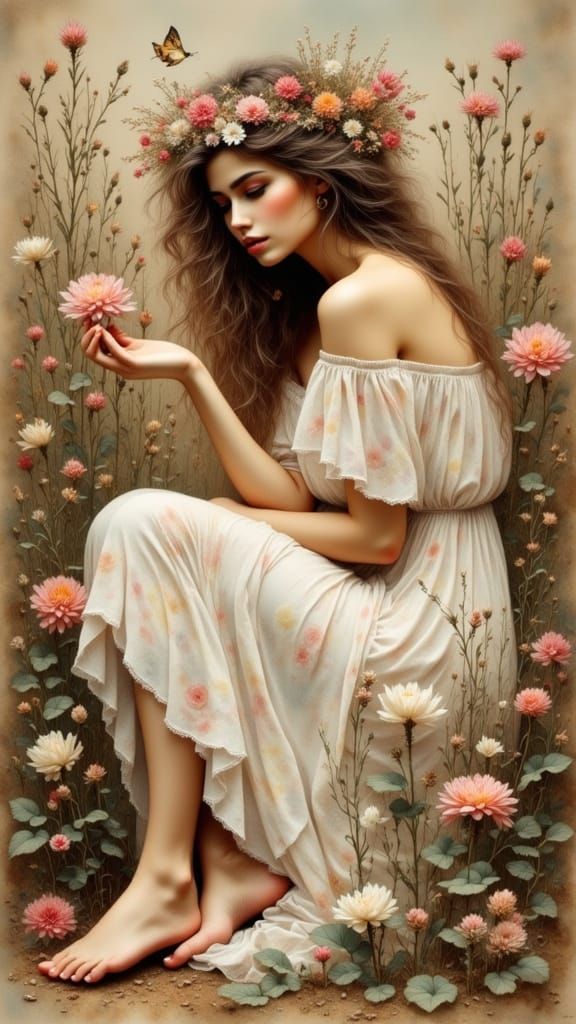 Woman in Wildflower Garden as Antique Watercolor