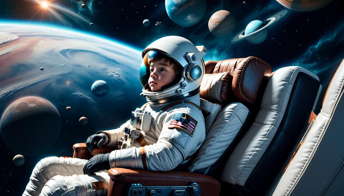 Astronaut Boy Piloting Recliner Through Space