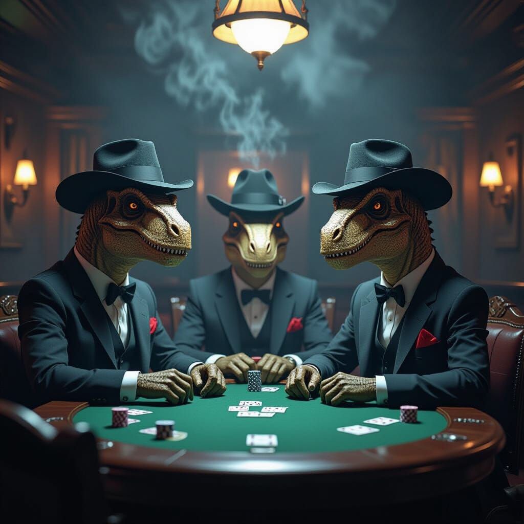 Dinosaurs Play Poker in Vintage Saloon, Detailed Rendering