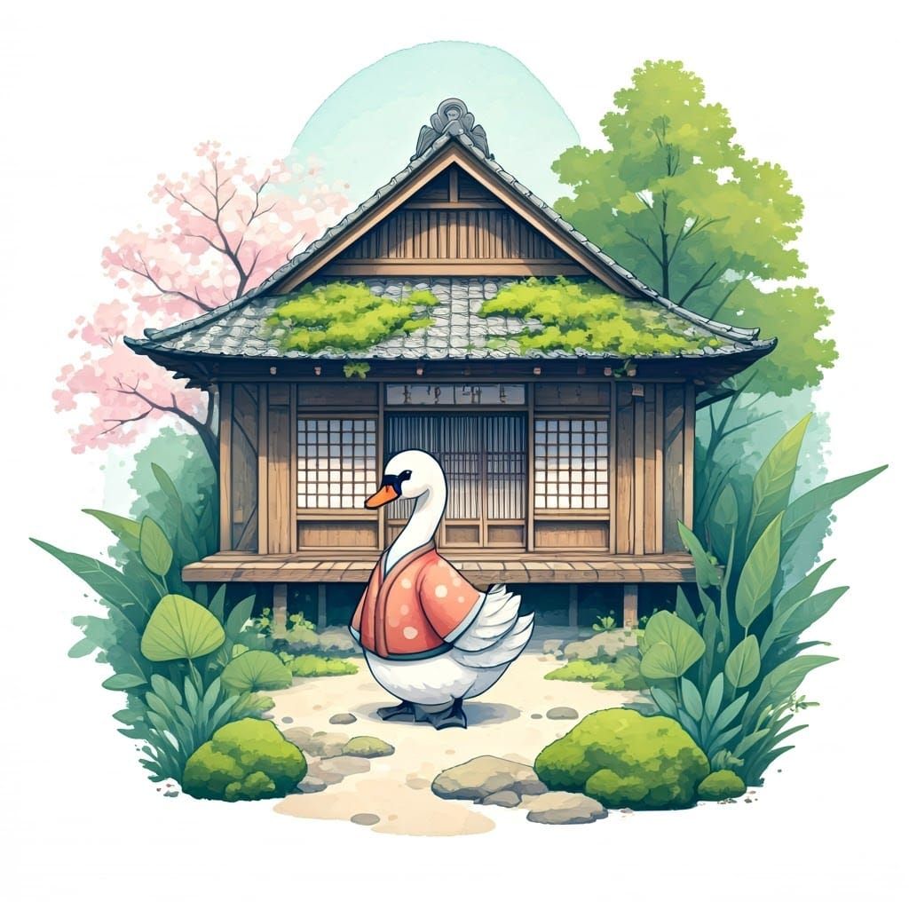 "Cute swan, in front of his Japanese wooden house watercolor...