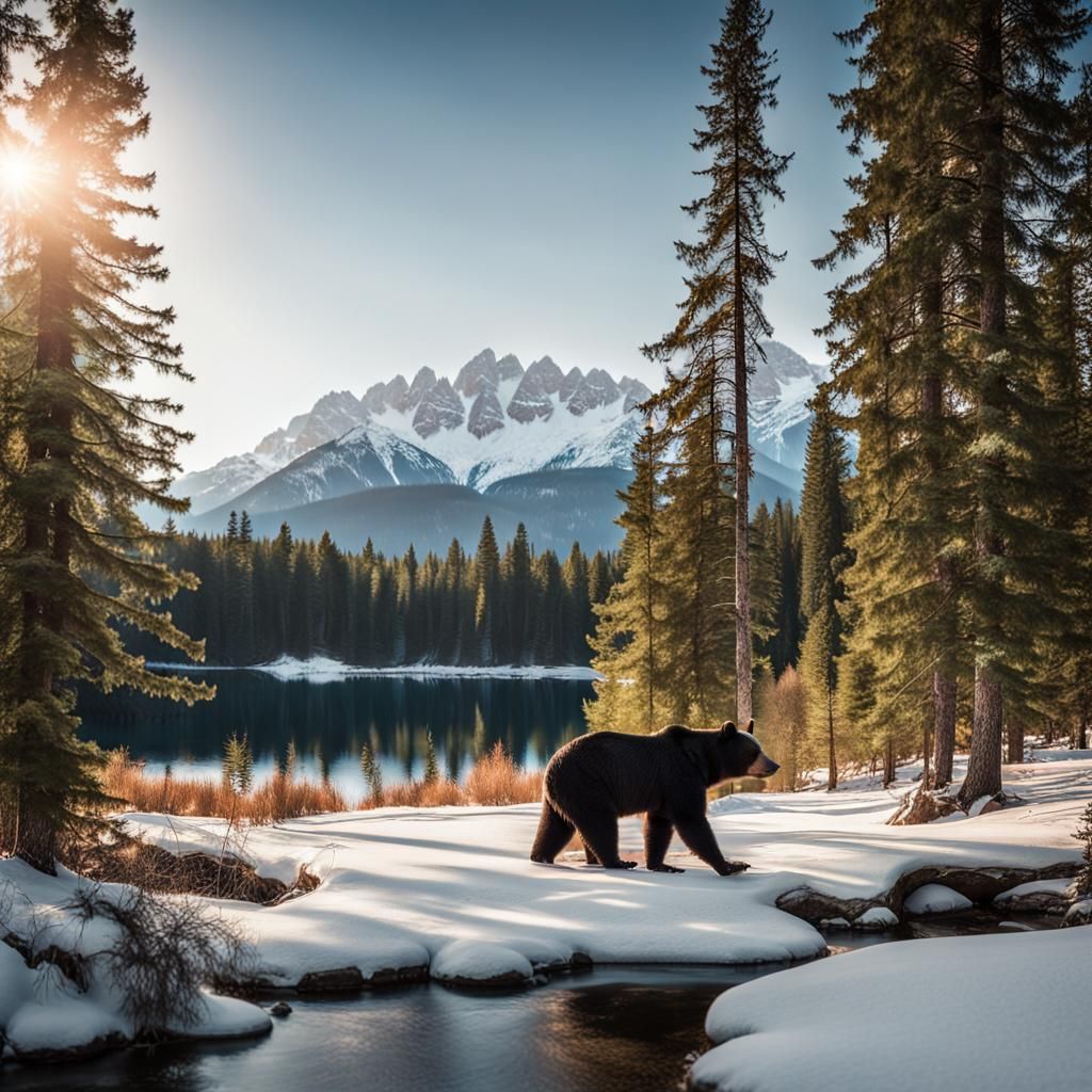 Black Bear in Mountain Forest Landscape Photography