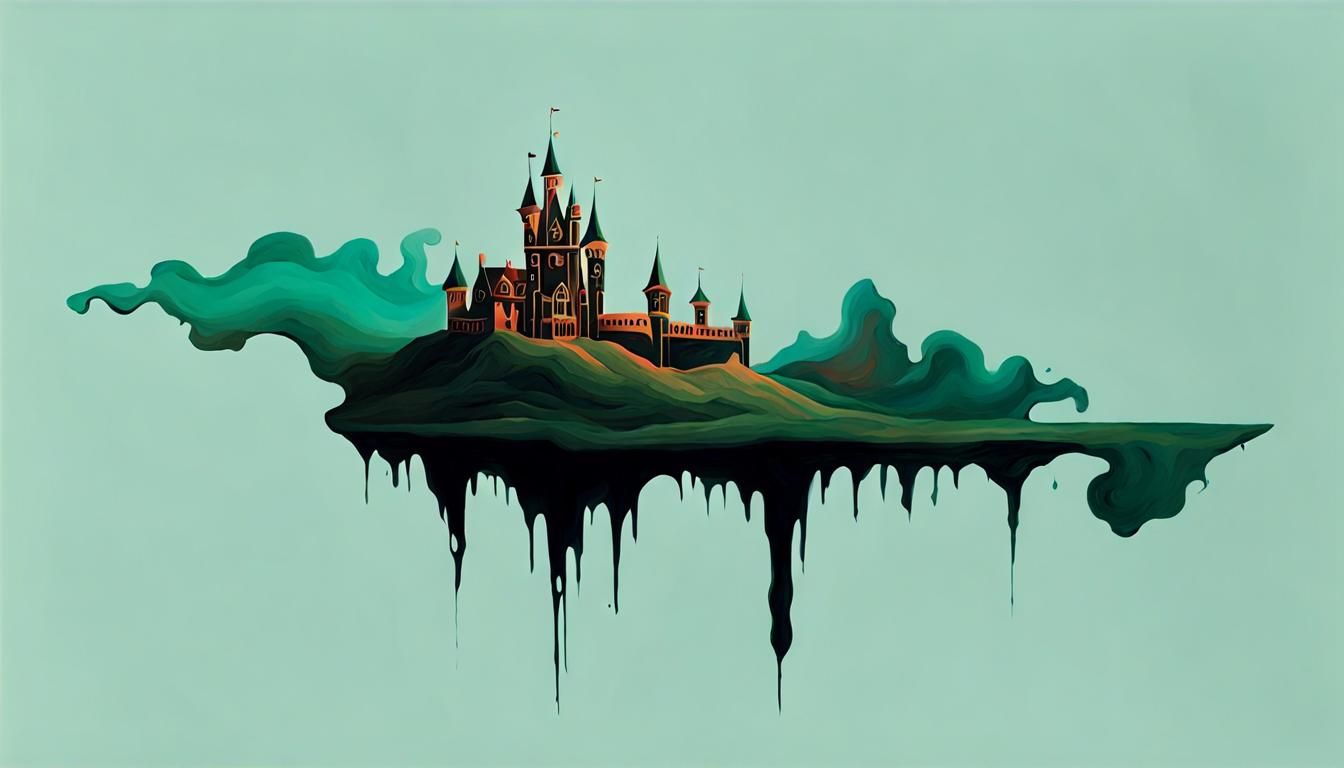 Surreal Distorted Irish Castle Silhouette in 3D