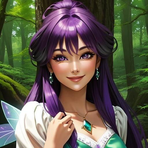Purple-Haired Fairy Smiling in Magical Forest
