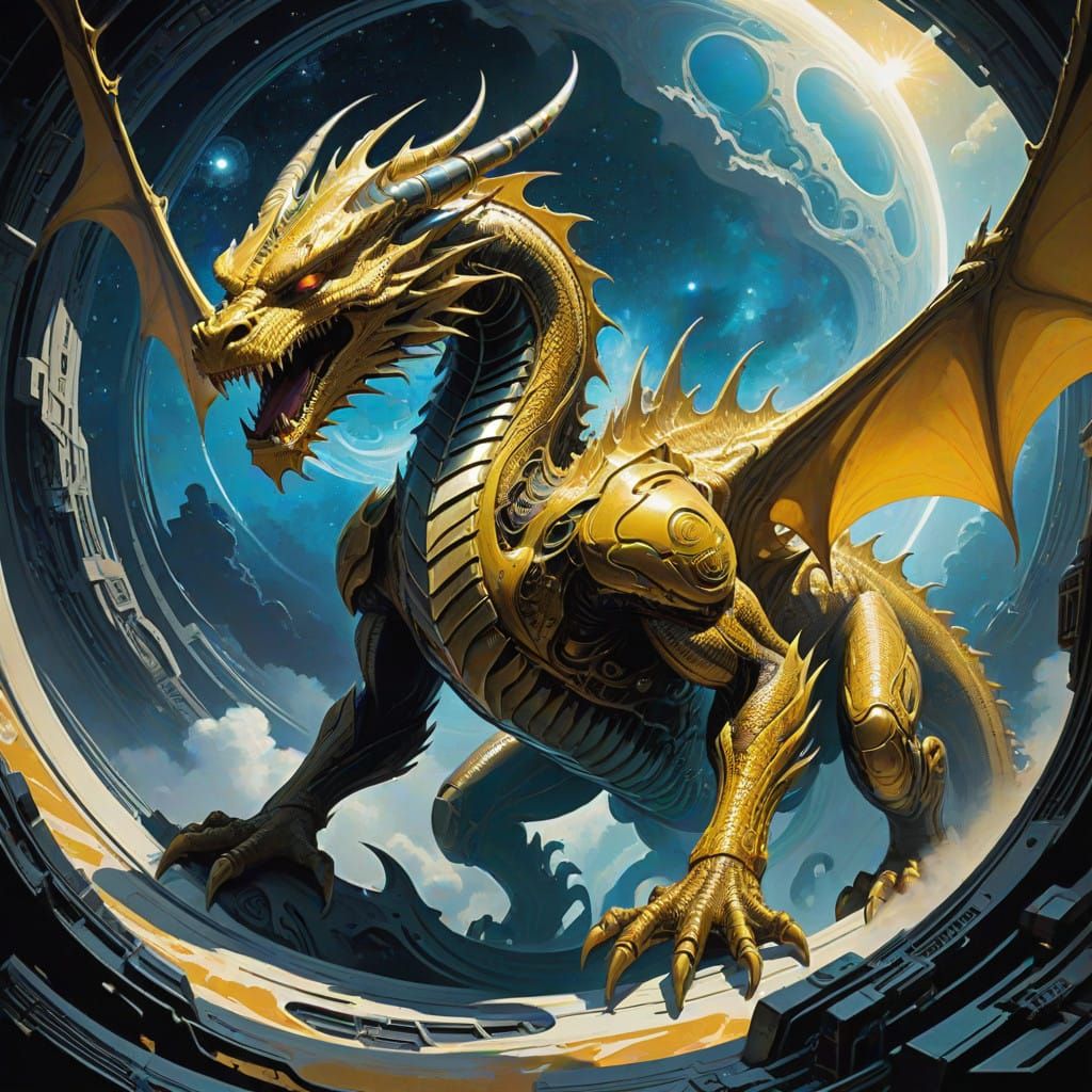 Majestic Gold Dragon in Cosmic Holographic Illustration