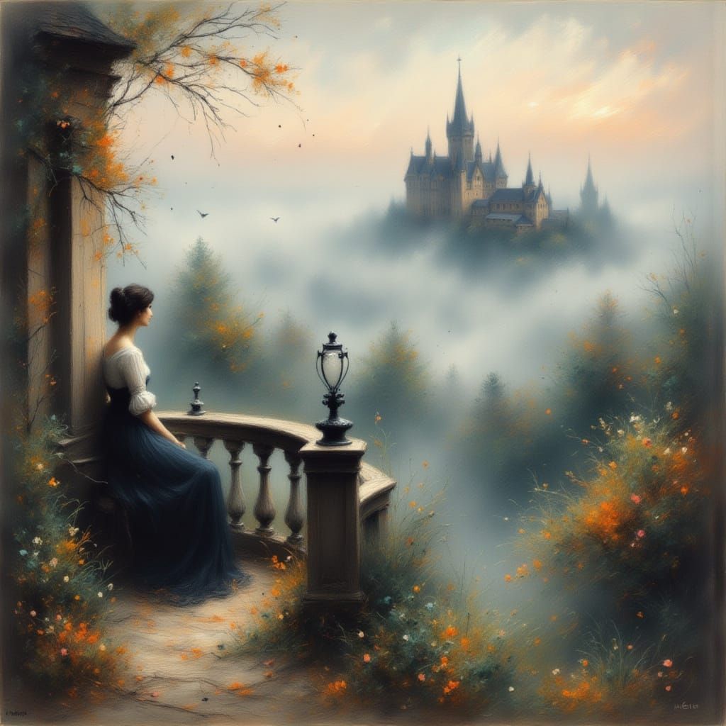 Woman Gazes From Castle Balcony