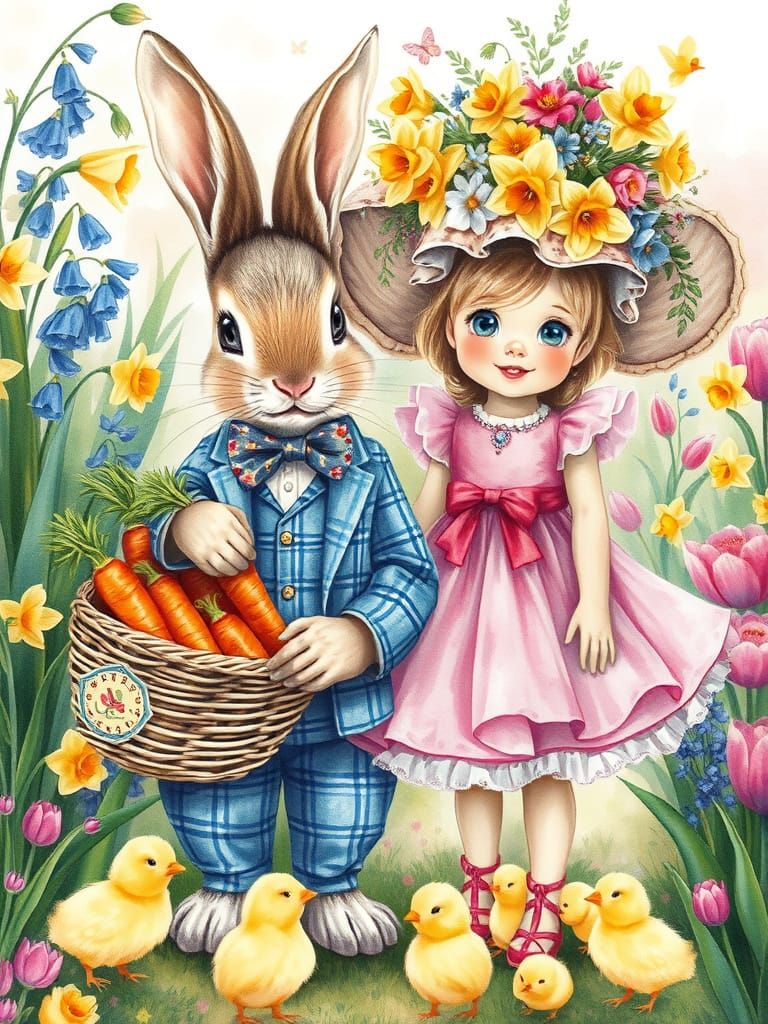 Delicate Watercolor Bunny in Whimsical Garden Scene