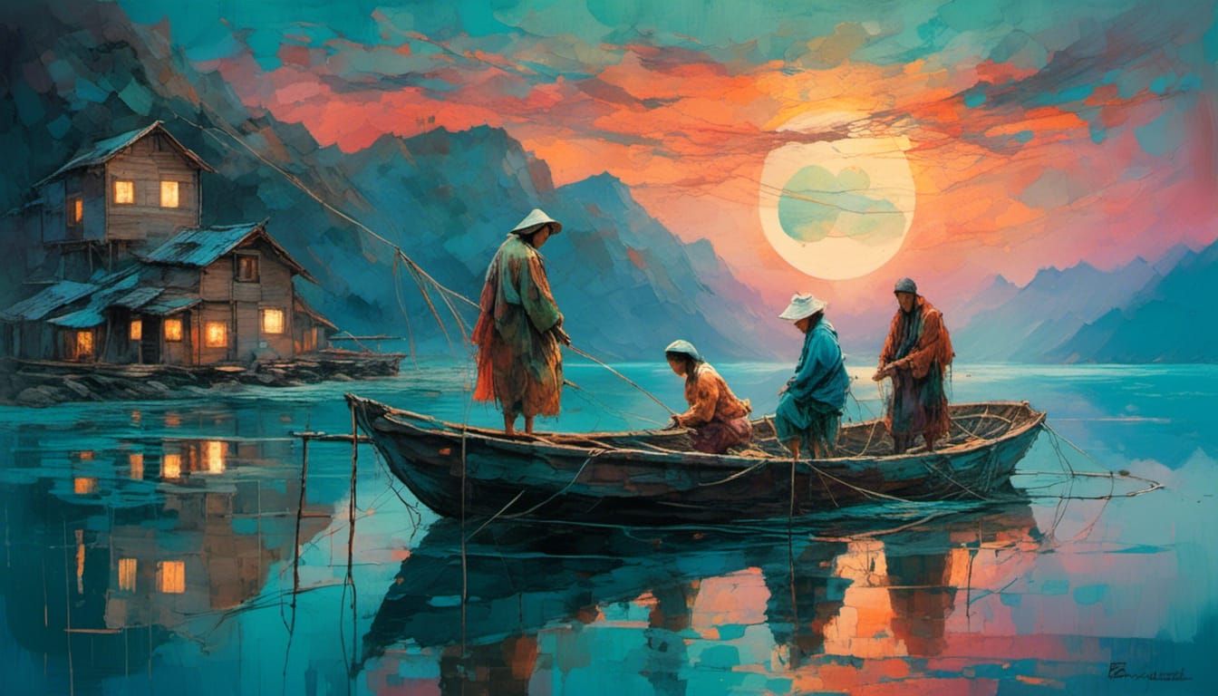 Korean Fishing Village Under Two Moons: Surrealist Painting
