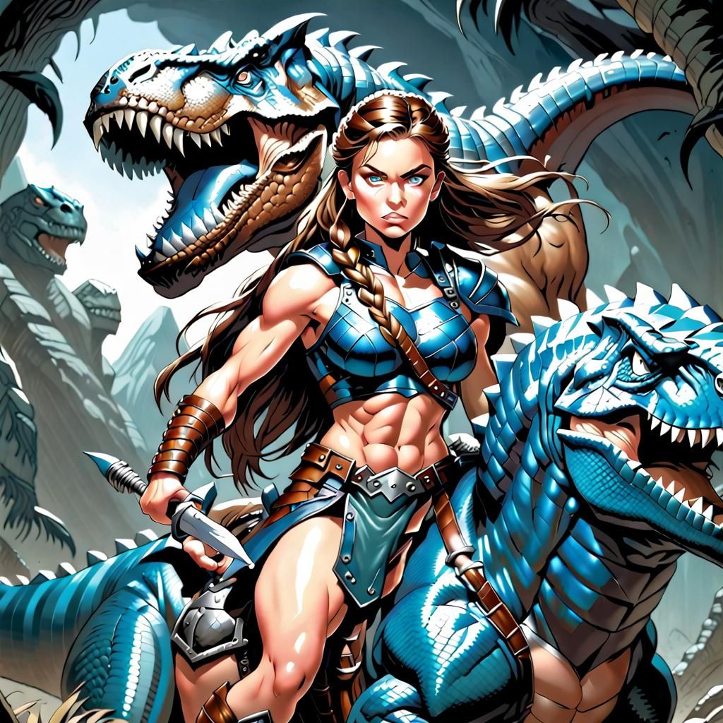 Comic Book Barbarian Rides Teal Tyrannosaurus