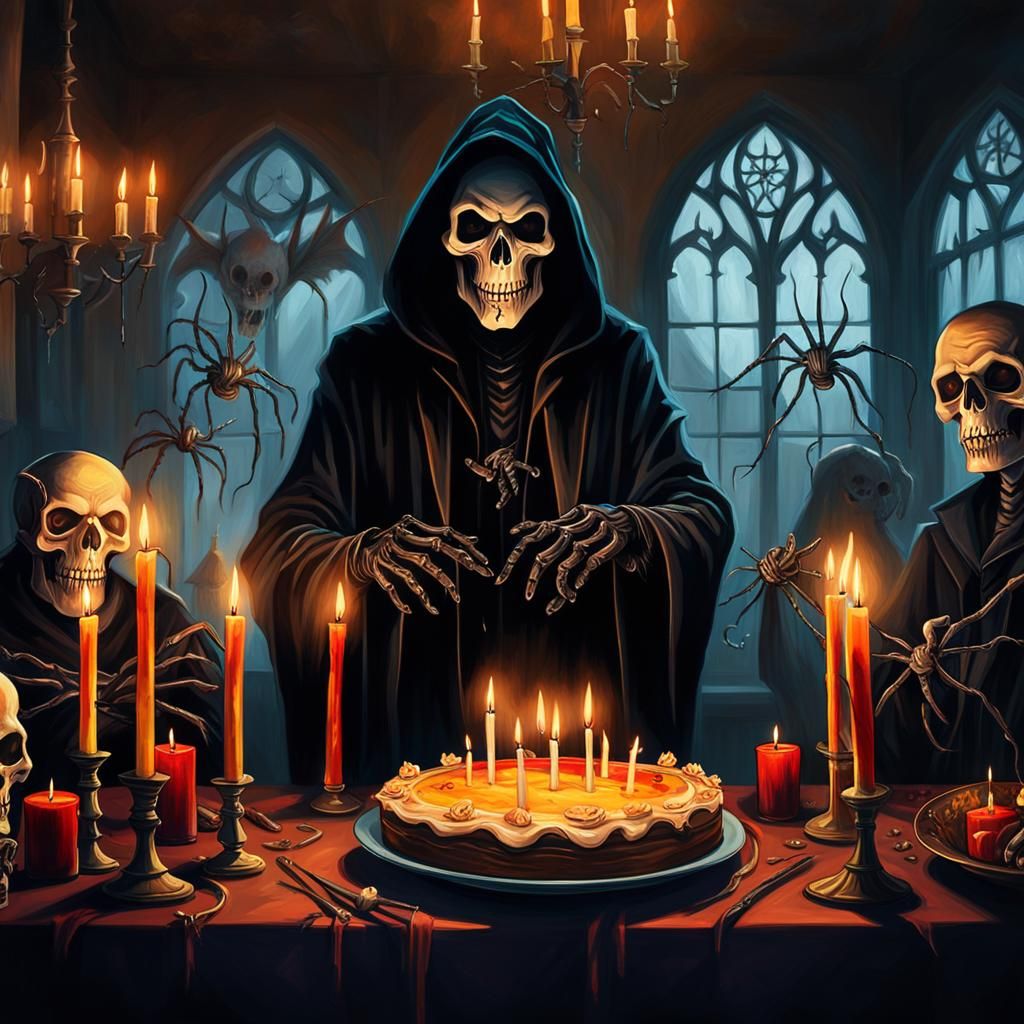 Grim Reaper's Birthday Magic: Gothic Oil Painting