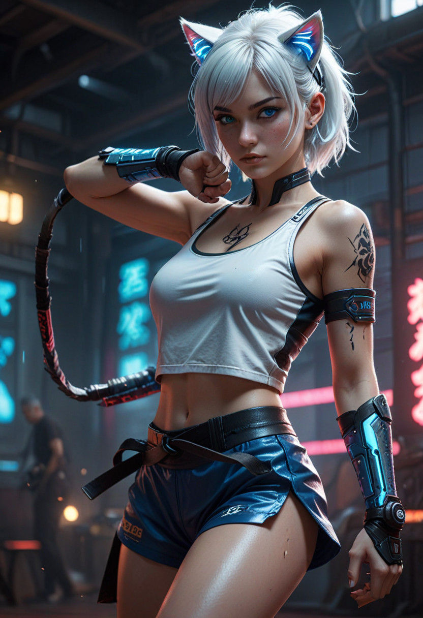 Cyberpunk Martial Artist Woman in Dimly Lit Dojo