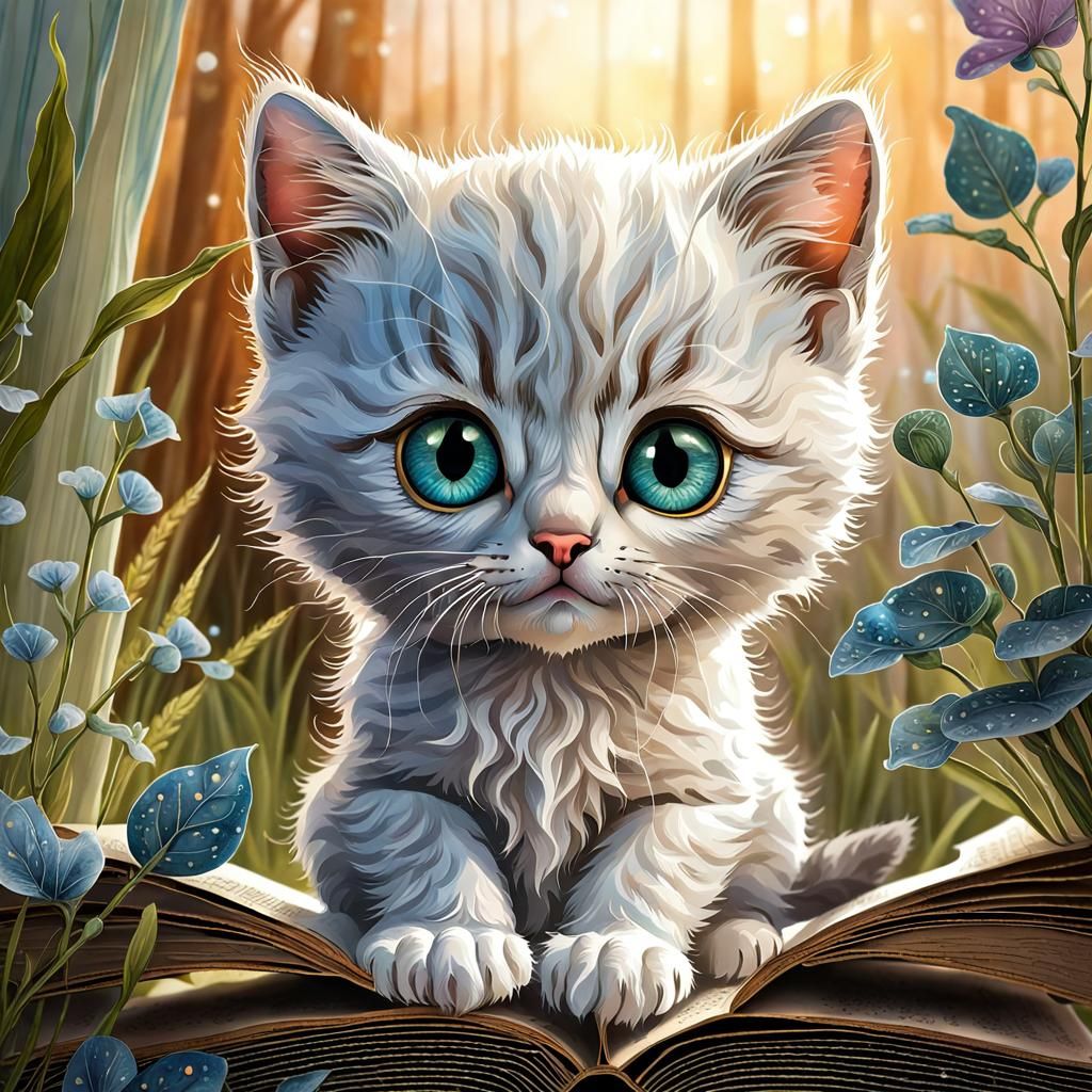 Adorable Kitten Reading Book: Detailed Digital Art