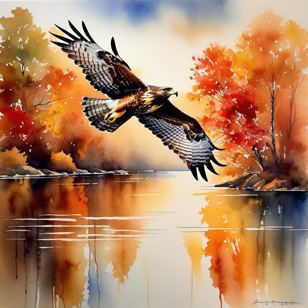 Watercolor Hawk Flying Over Autumn Lake