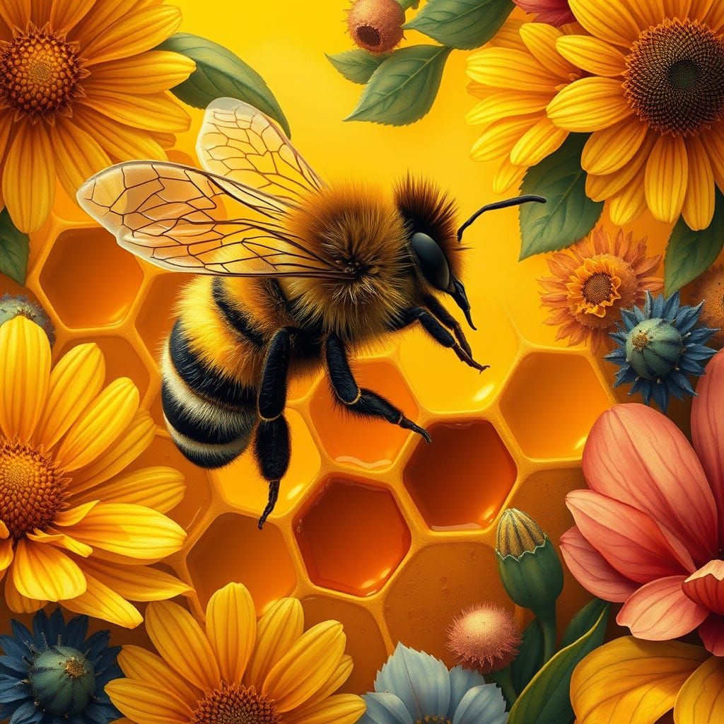 A Busy Bee in Art Nouveau Style Fills Honeycomb with Amber H...