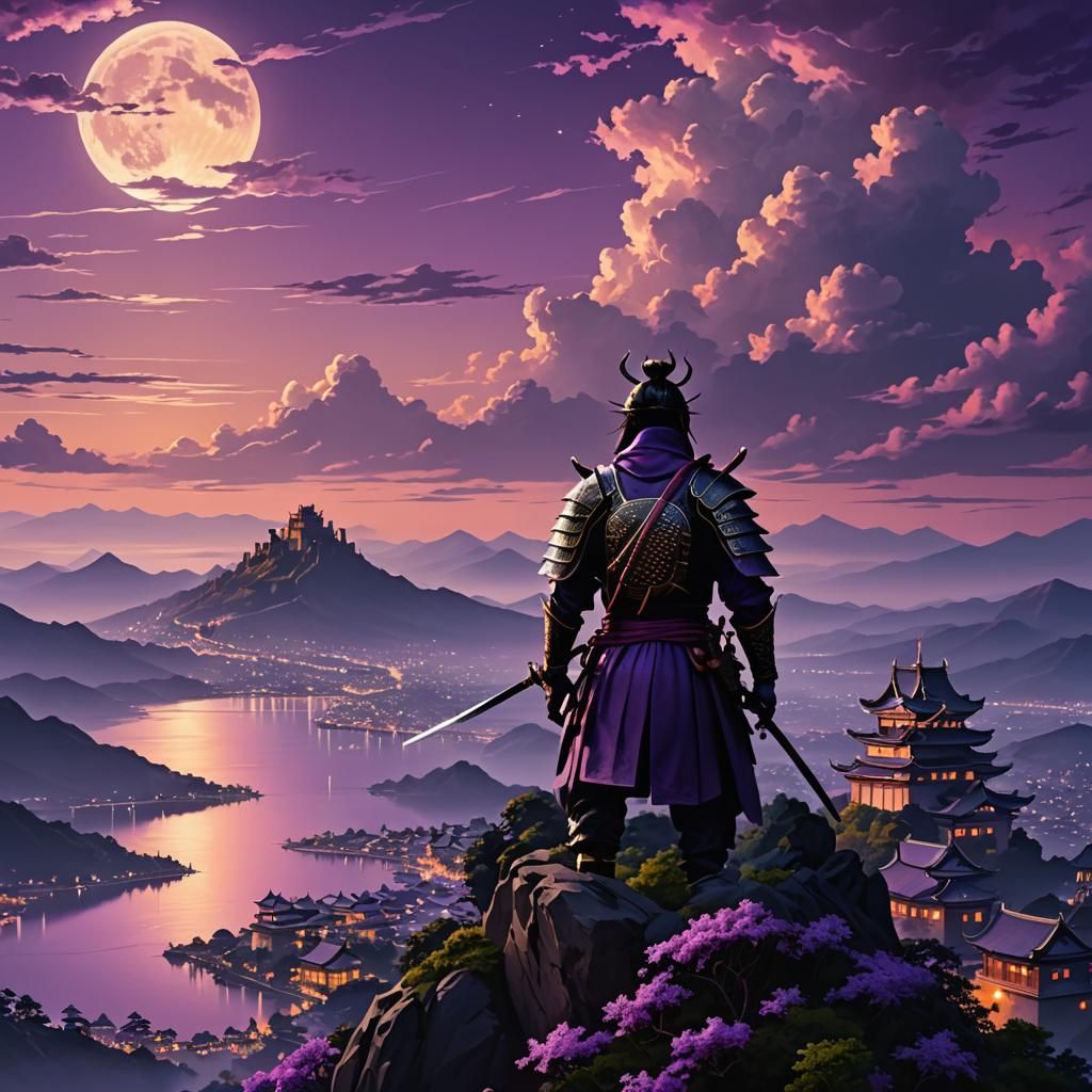 Samurai Knight Overlooks Lilac Sunset Town