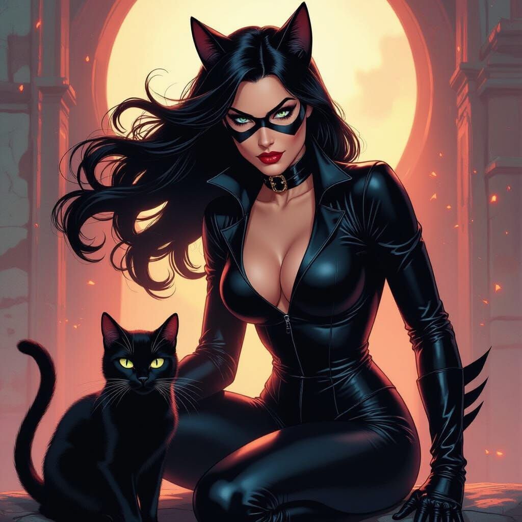 Catwoman in Dynamic Pose with Black Cat, Cinematic Digital A...