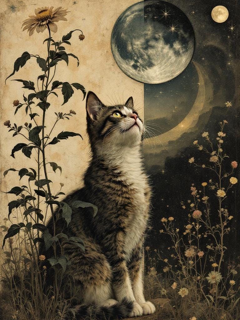 Cornell and de Chirico: Gothic Cat Under Flower