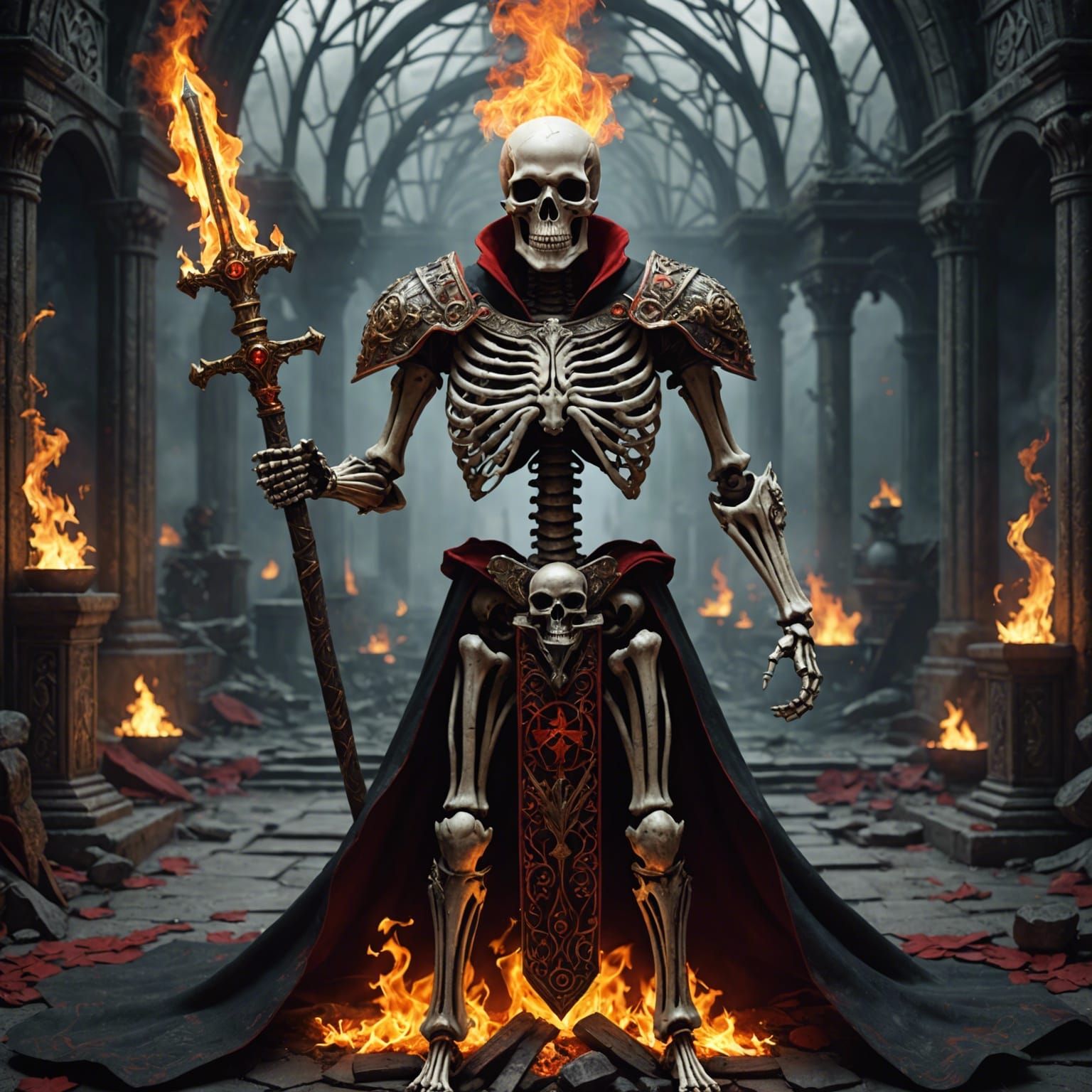The Power Tarot Card with Skeleton and Fire