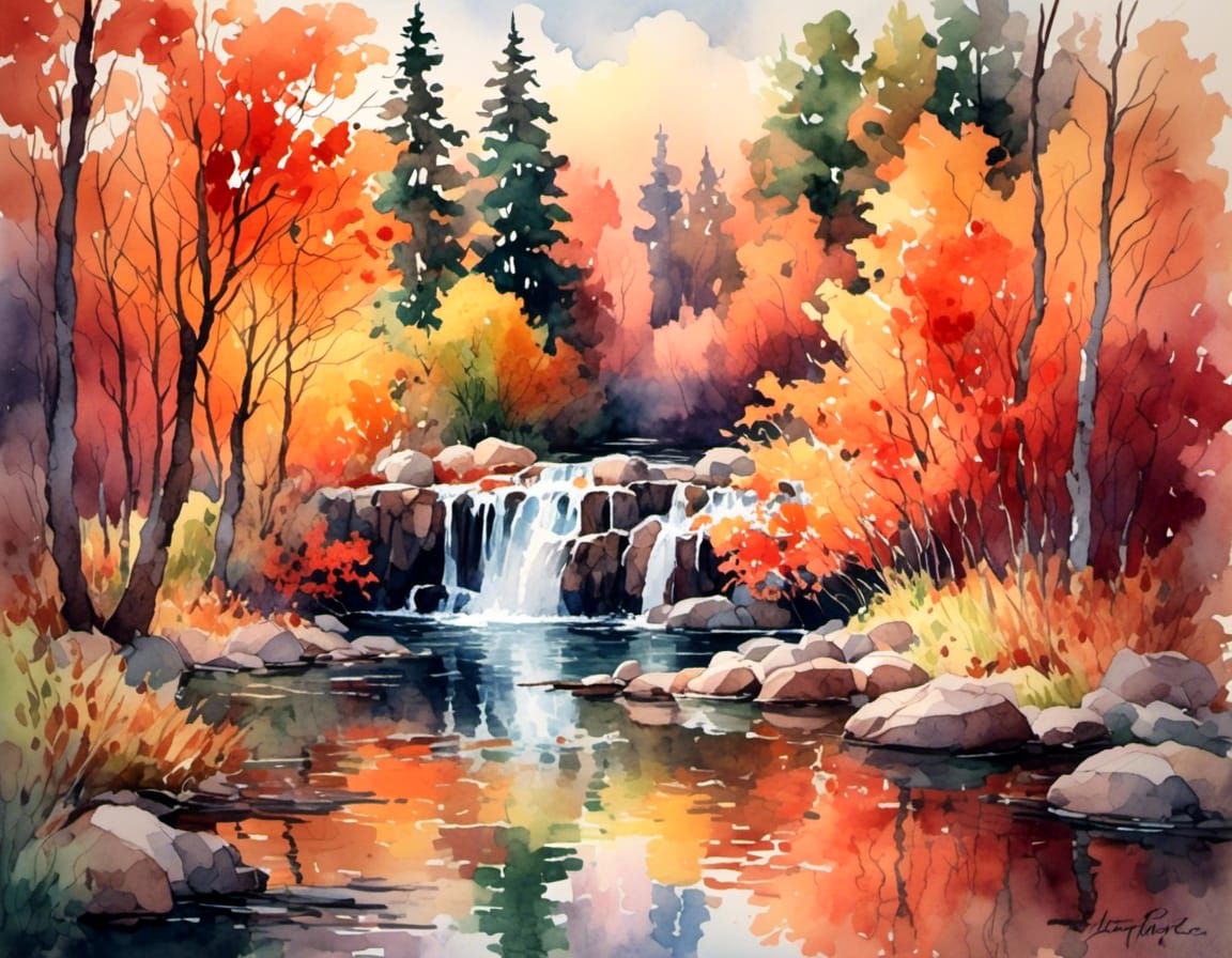 Autumn Forest Waterfall Scene in Watercolor Style