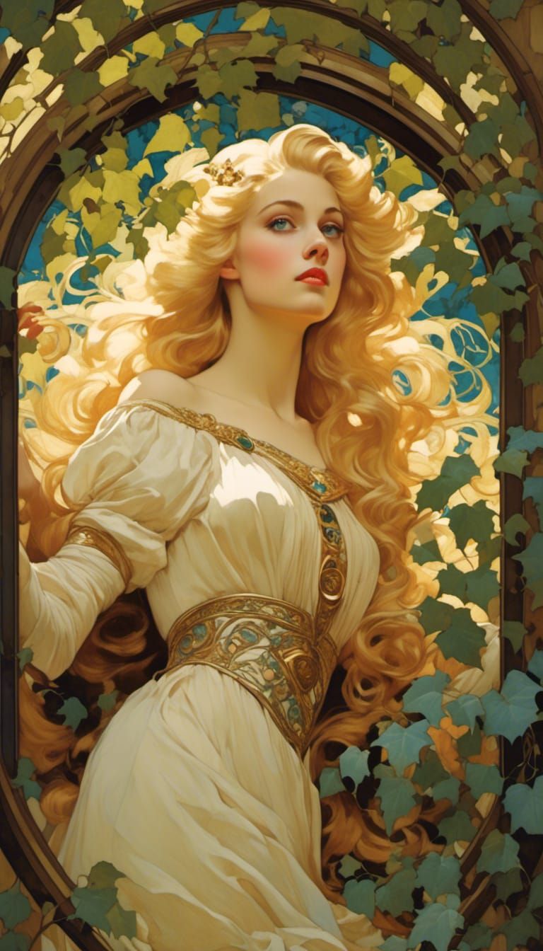 Young blonde princess looking out of a window