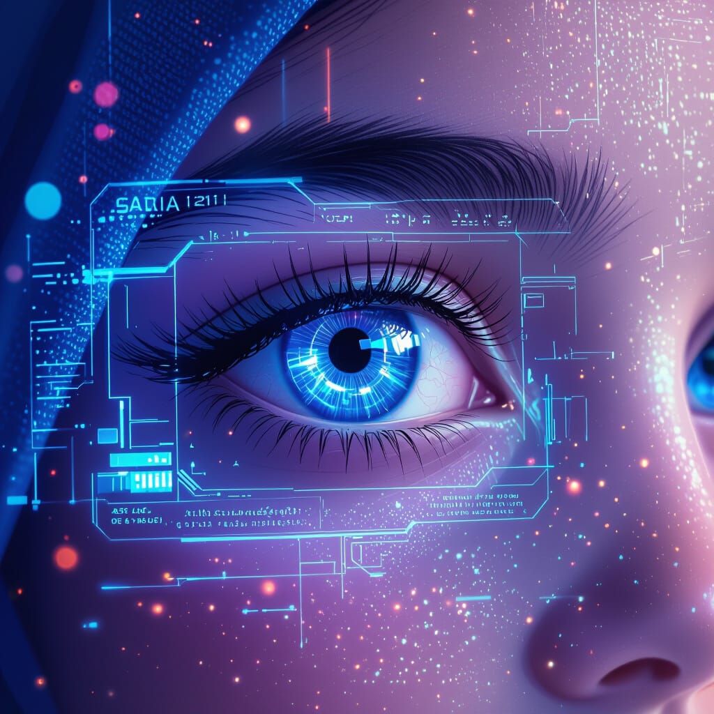 Saudi Girl's Eye AI Scan in Futuristic Neon Style