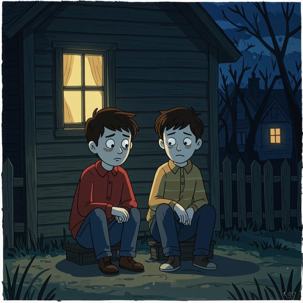 Brothers Bond in Dimly Lit House, Dark Cartoon Horror Style