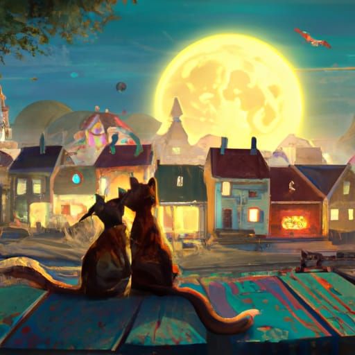 Cats in Love Under Moonlit Victorian Town