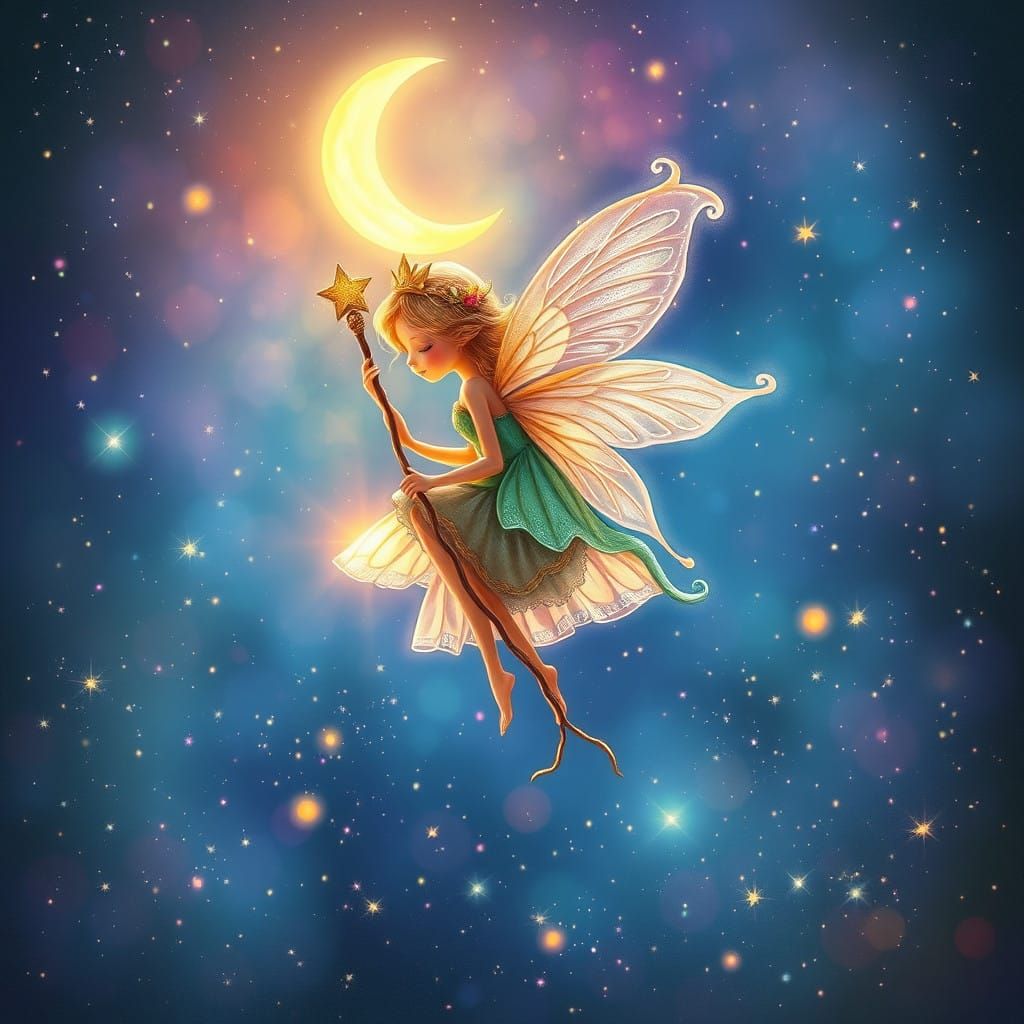 Whimsical Fairy Illuminates Celestial Night Sky