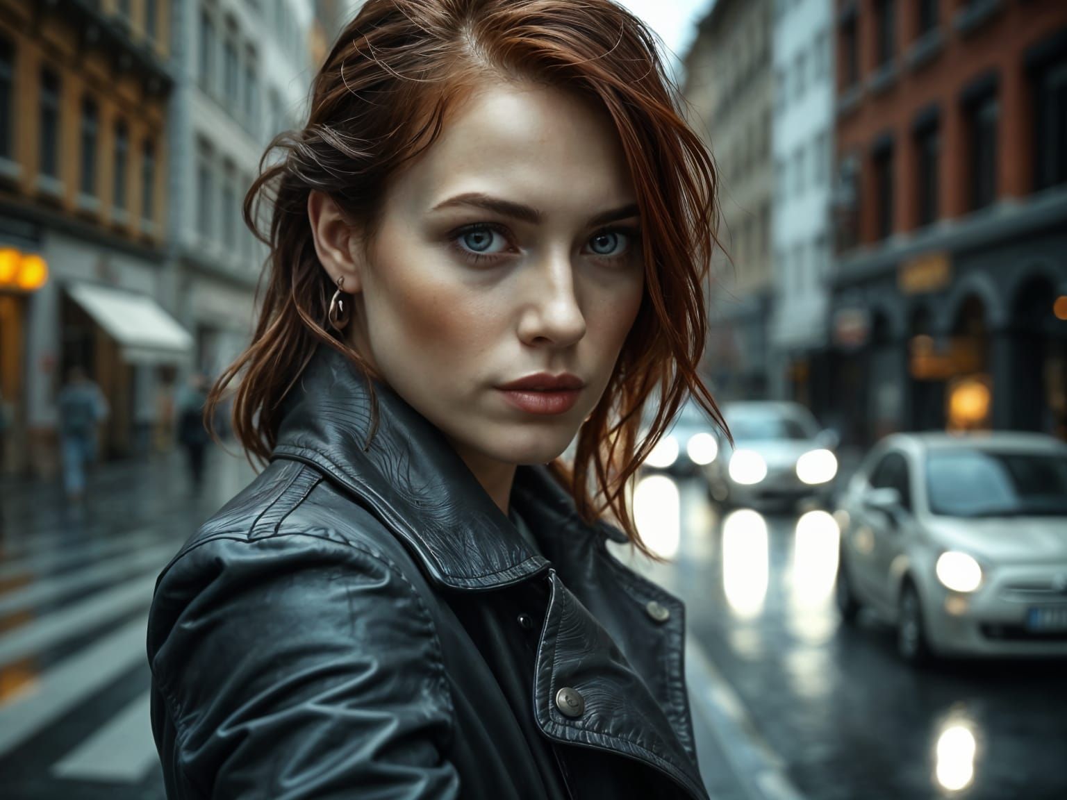 Balkan Woman in Rainy City Street, Cinematic Portrait