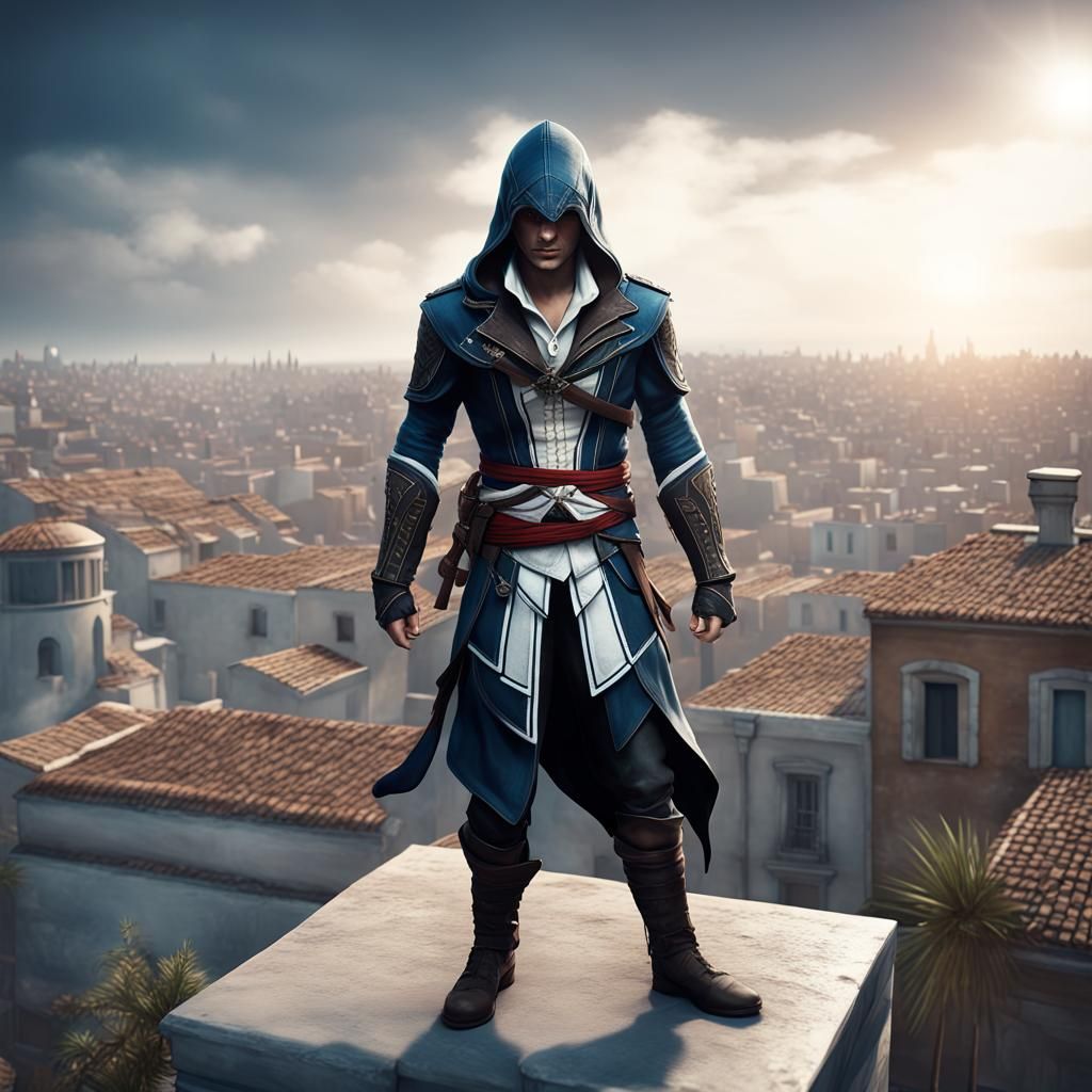 Assassin's Creed Character on Greek Rooftop