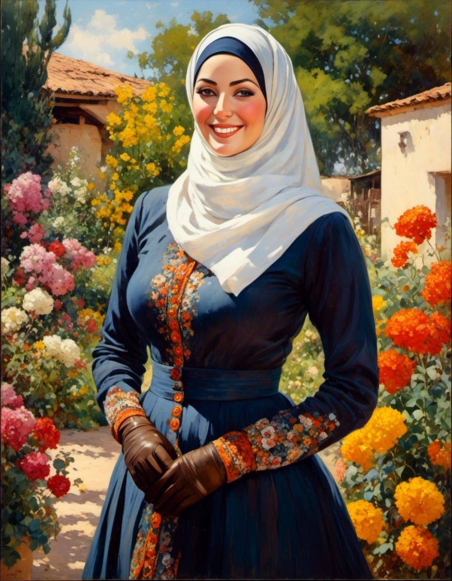 Elegant Woman in Garden, Oil Painting Portrait