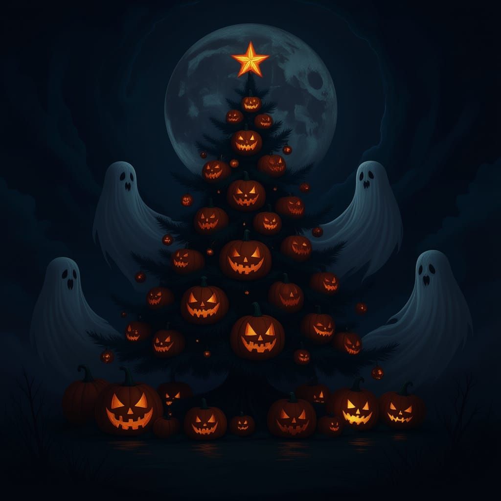 Haunted Christmas Tree with Scary Pumpkins and Ghostly Vorte...