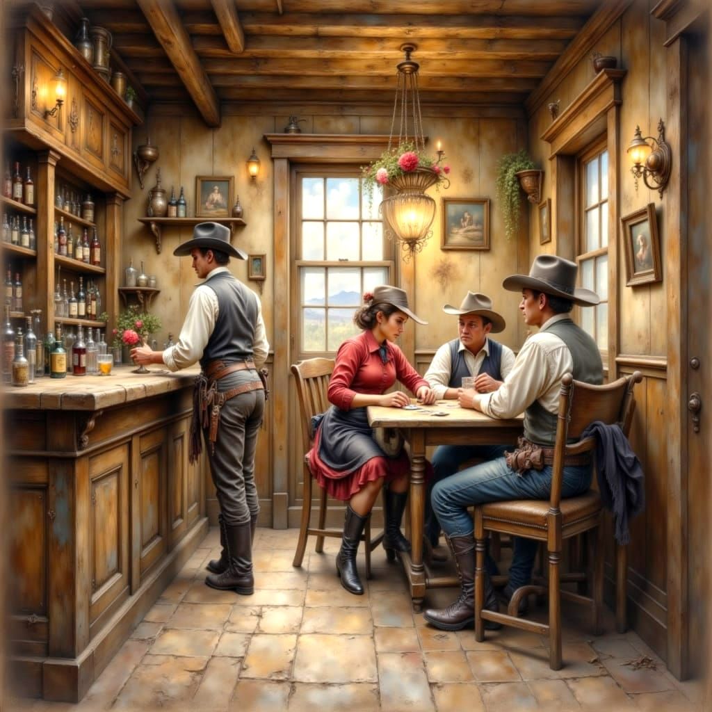 Old West Saloon Scene in Expressive Oil Painting Style