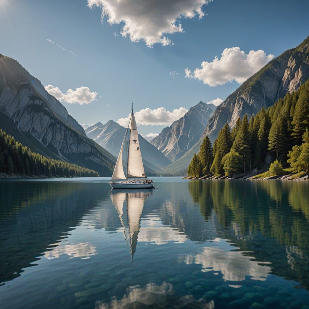 Sailboat on Tranquil Lake: Photorealistic Landscape