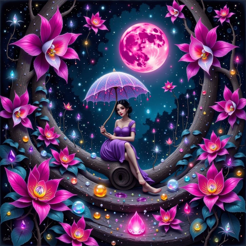 Cultivator Under Blood Moon: Vibrant Oil Painting