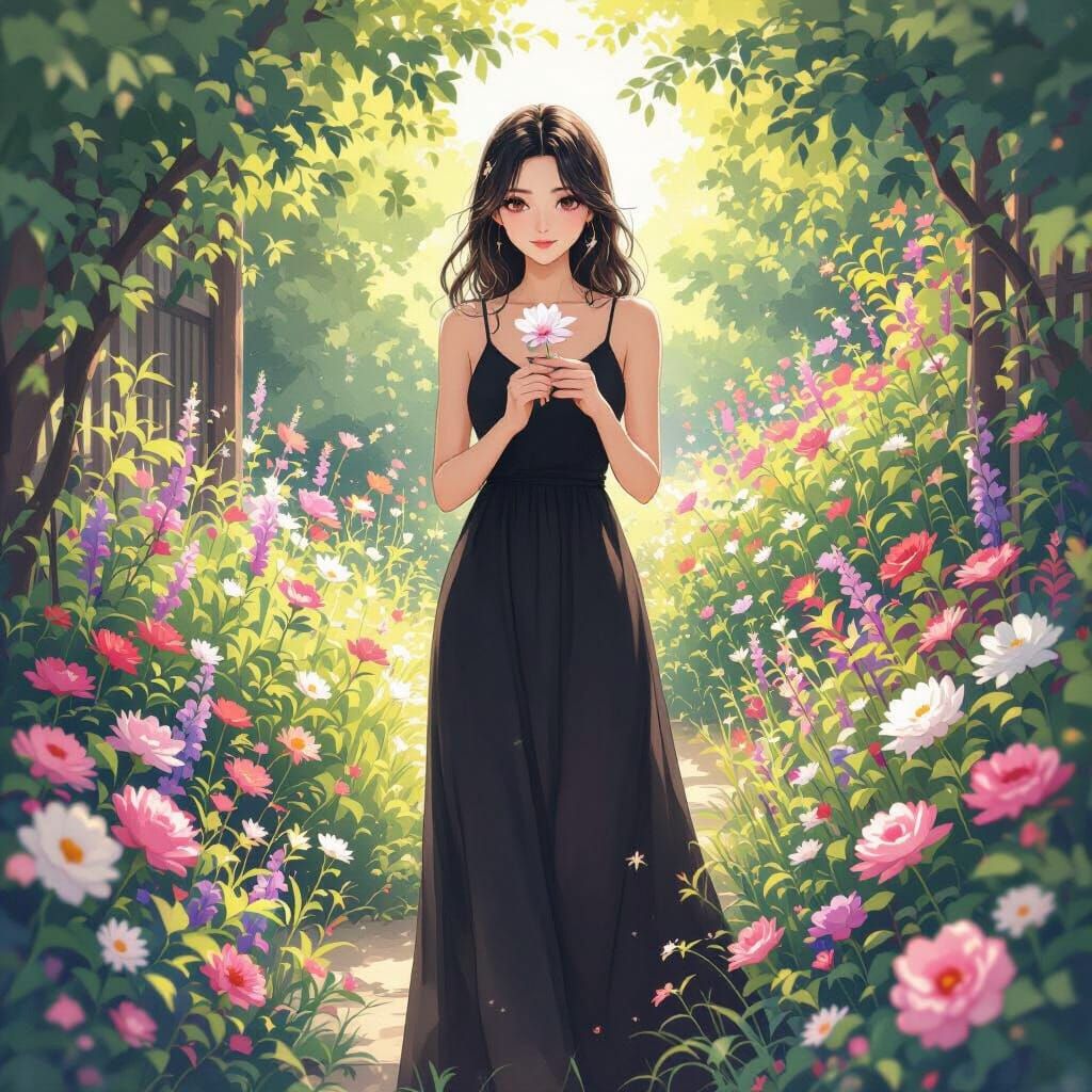 Woman in Garden with Flower, Anime Key Visual Style