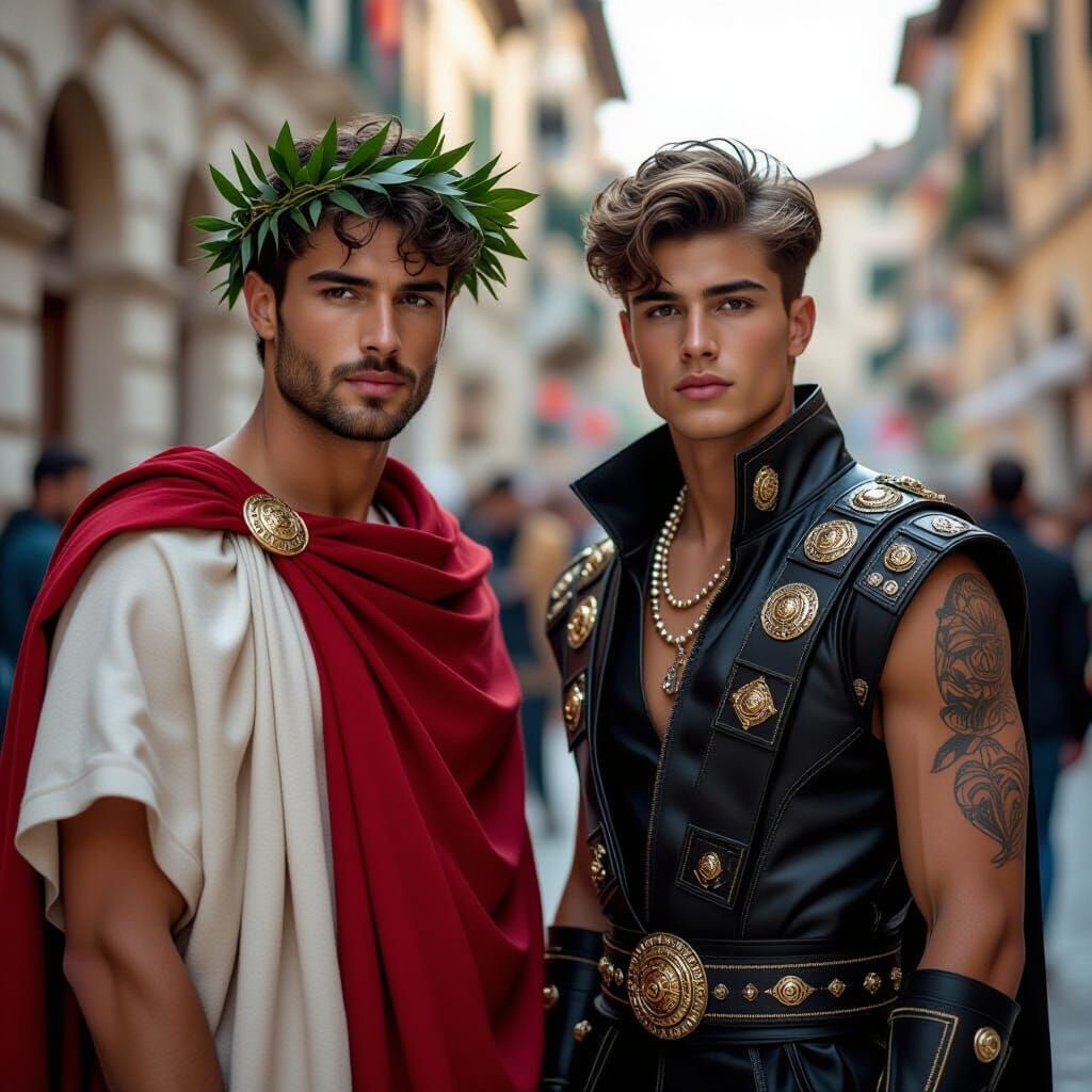 Roman Man Meets Futuristic Model in Hyperrealistic Image