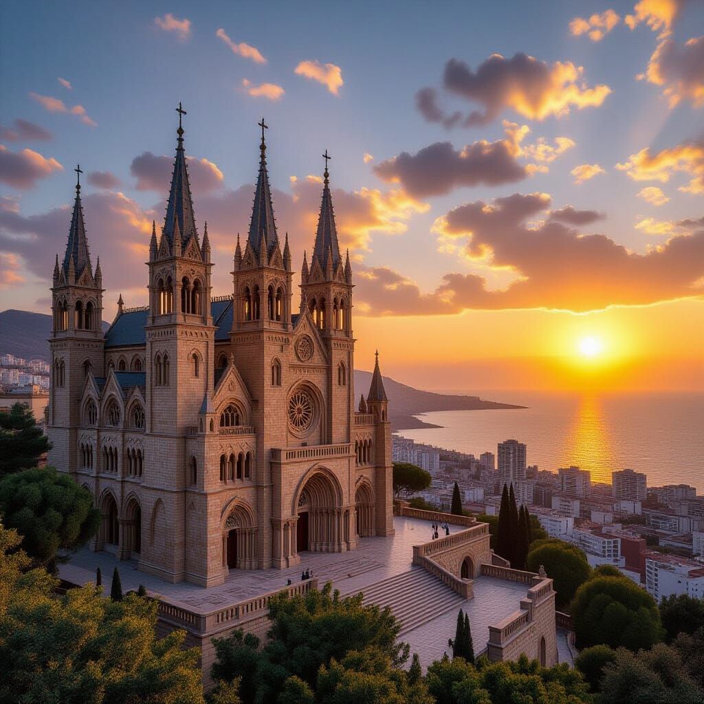 Haifa Monastery at Sunset: Stone Architecture in Golden Ligh...