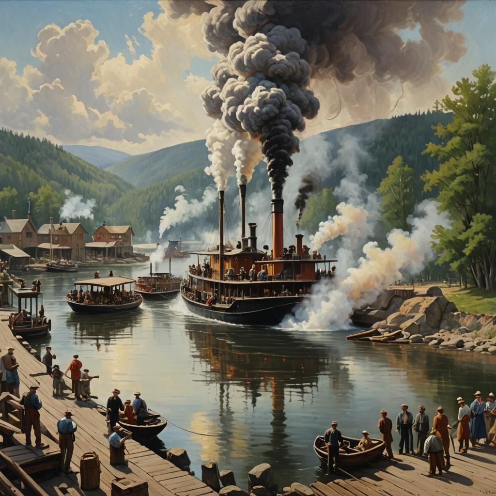 Steamboat on River: Oil Painting