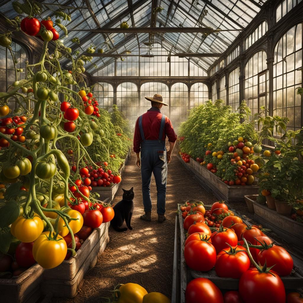 Victorian Greenhouse Abundance: Tomatoes, Sunlight, and Refl...