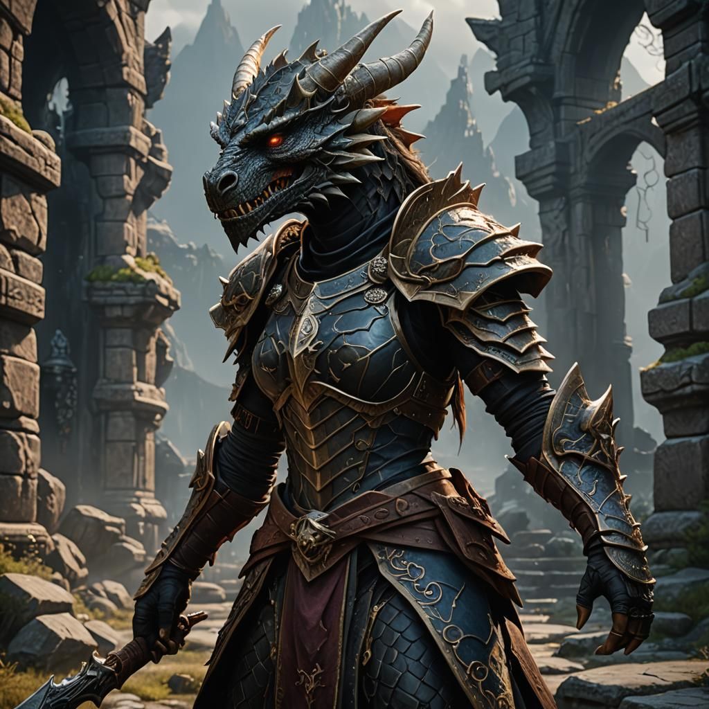 Detailed Black Dragonborn Fantasy Concept Art